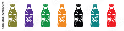 Bild auf Leinwand Assorted colored soda bottles arranged in a row with fruit slice icons during a