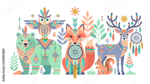 Bild auf Leinwand Bohemian Animals Tribal Art Illustration with Dreamcatchers and Feathers