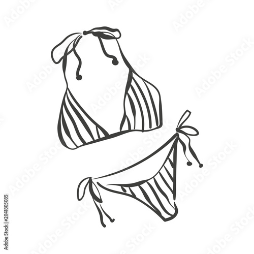 Hand drawn ink drawing of a black outline of a striped bikini swimwear.  Vector doodle illustration of a summer beach concept.