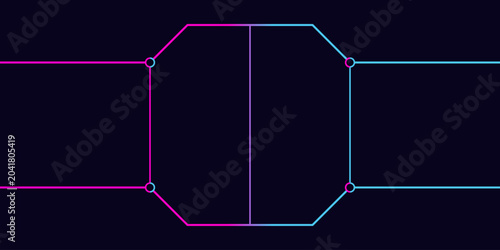Foto Symmetrical tech interface frame with neon gradient lines and junction points grid