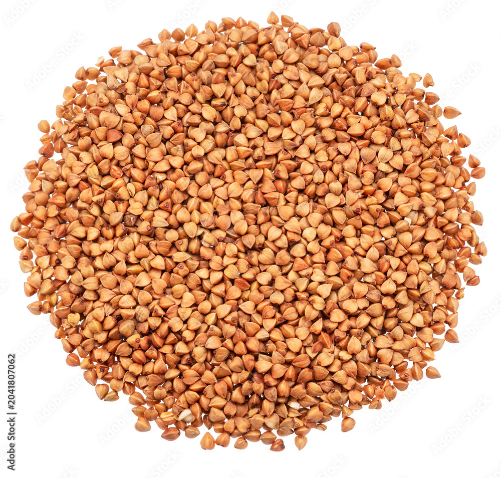 Fototapeta premium Hulled roasted buckwheat cereal isolated on white background. Clipping path.