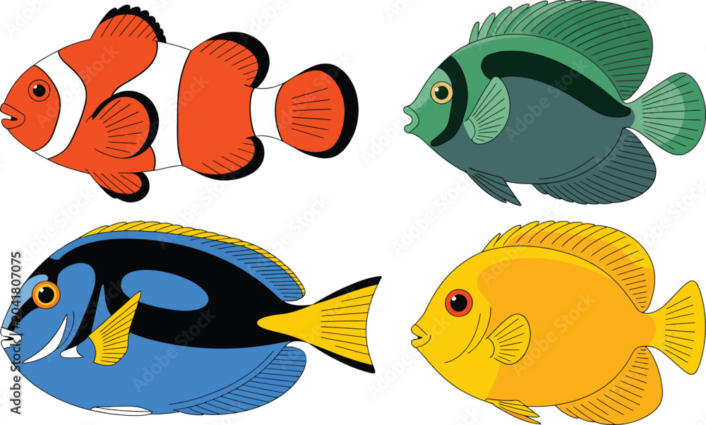Fototapeta premium Collection of four colorful reef fish, including clownfish, angelfish, tang, and butterflyfish.