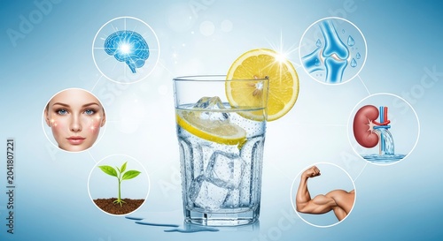 Health Benefits of Drinking Lemon Water Infographic Showcasing Positive Effects on Brain, Skin, Muscles, Kidneys and Joints