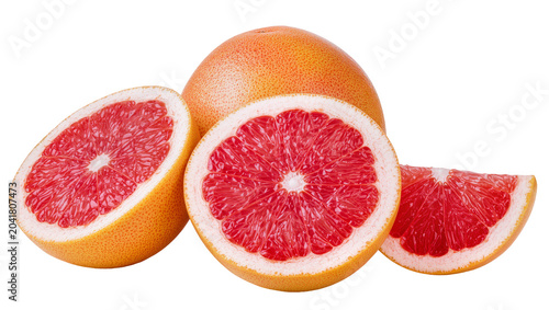 Photos Whole and sliced grapefruits with vibrant pink flesh