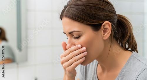 Young woman feeling nauseous and covering her mouth in a bathroom, experiencing morning sickness or stomach illness.