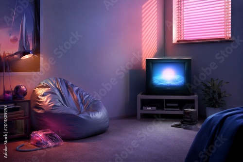 Young woman posing in y2k style with butterfly hair clips and metallic pleated skirt. Trendy fashion aesthetic with vibrant gradient background. Retro nineties inspired outfit concept