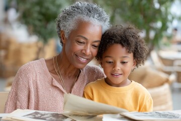 Grandmother and child reading juneteenth history education moment for family learning and heritage celebration background for community teaching materials