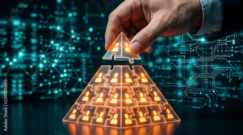 Hand adding top puzzle piece to glowing human icon pyramid