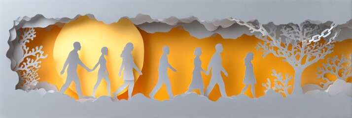 Paper cut juneteenth freedom journey illustration with layered silhouettes and glowing sunrise for banner and background design