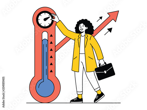 Business performance growth vector illustration, professional woman adjusting a large thermometer, rising arrow chart, corporate success and achievement concept