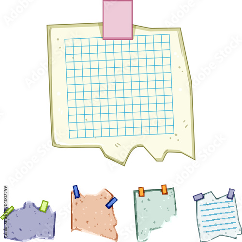 Tableau sur toile Different textured paper pieces, including squared and lined sheets, are affixed