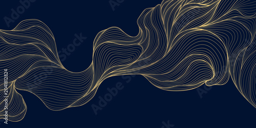Luxury abstract gold wave pattern with elegant line art, dark background. Japanese and Chinese vector design flowing curves, cloud, water motifs, organic shapes, smooth silk texture