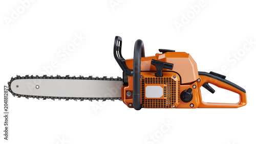 Foto Orange and black gasoline chainsaw with metal chain