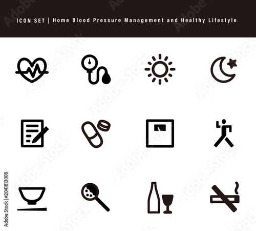 Home Blood Pressure Management and Healthy Lifestyle Icons