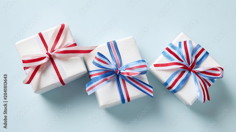 Fototapeta premium Three wrapped gifts with colorful ribbons on a light blue surface for celebration