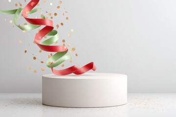 Simple cylindrical podium with spiraling red and green ribbon streamers and golden confetti for juneteenth campaign display and poster composition