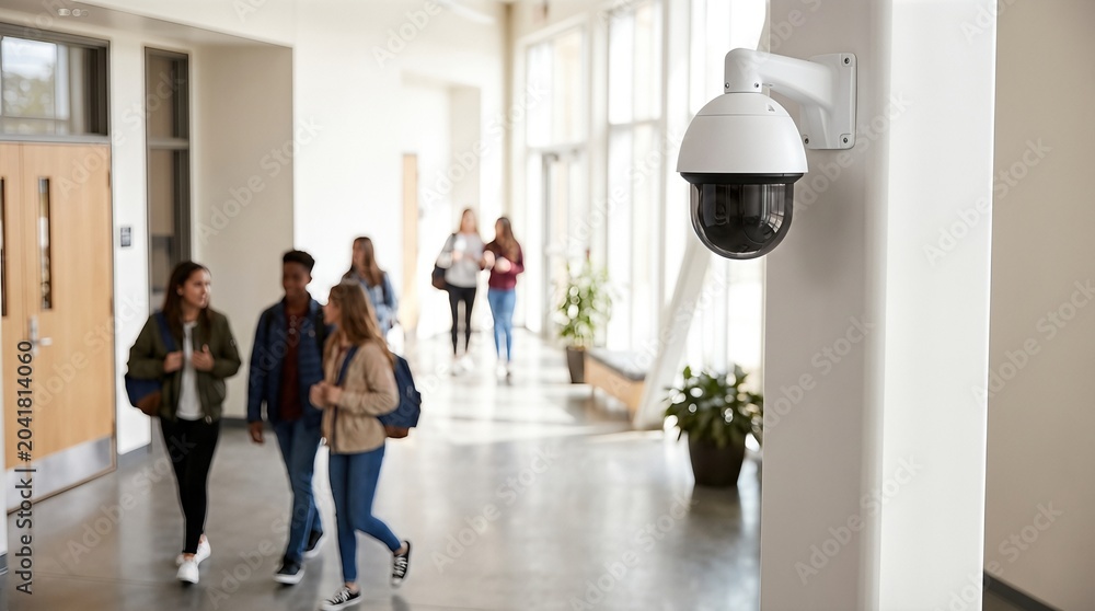 Fototapeta premium CCTV security camera mounted on a wall in a modern hallway with students walking by, large windows providing natural light and greenery visible in the background