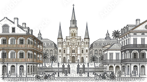 Obraz na płótnie New Orleans French Quarter Jackson Square Cathedral Horse Drawn Carriages Sketch