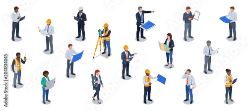 Schilderij op canvas Isometric civil engineers and architects looking at blueprints | Diverse constru