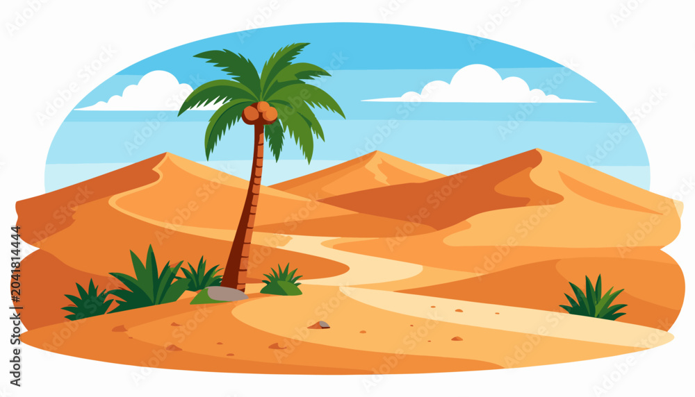 Obraz premium A desert oasis with a single palm tree and a winding path under a blue sky
