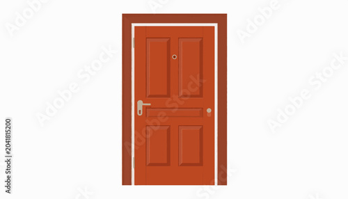 A simple paneled wooden door with a peephole, knob, and hinges