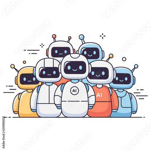 Cute cartoon robots with antennas in group portrait with smiling faces
