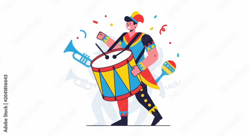Fototapeta premium Lively parade performer in colorful attire plays drum amidst confetti