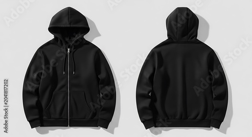 A front and back view of a black hooded sweatshirt with a zipper on a plain grey background