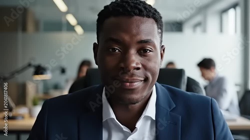 Serious African American Businessman in Office Looks Directly at Camera.