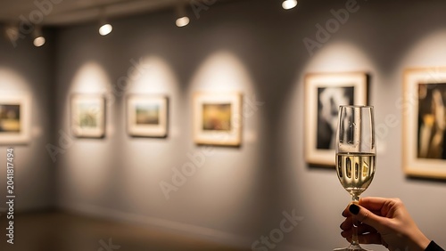 A gallery's soft light illuminates artwork, a champagne flute held aloft, celebrating