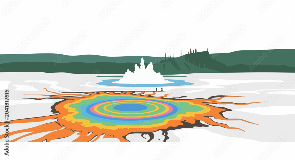 Fototapeta premium Colorful hot springs erupt in white steam against a backdrop of green hills