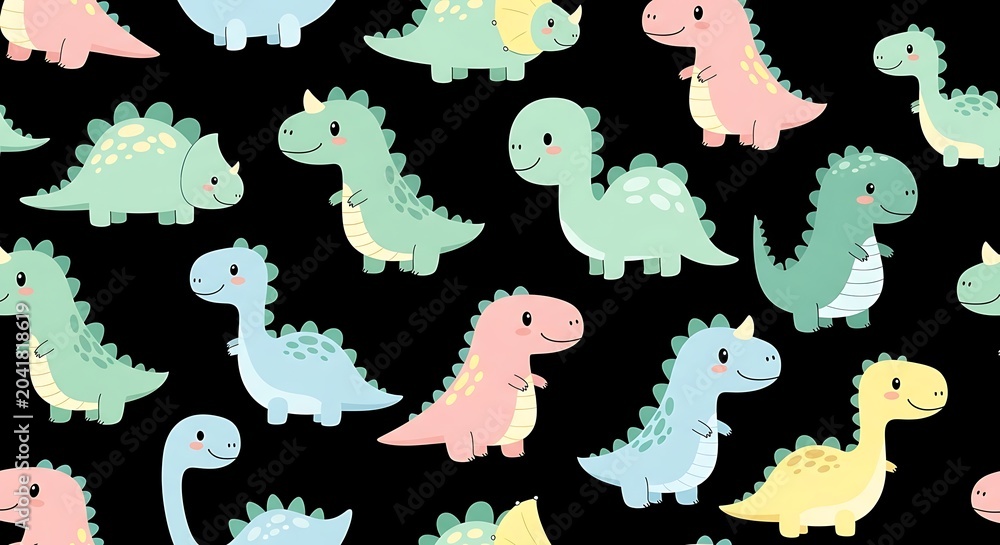 Fototapeta premium Cute Pastel Cartoon Dinosaur Pattern Repeating on Black Background
