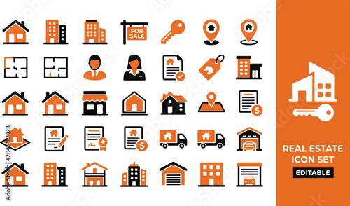 Bild auf Leinwand Real Estate Business Icons Featuring Houses Buildings and Keys