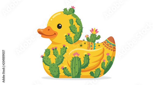 Photos Yellow rubber duck adorned with cacti and desert flowers, cartoon style