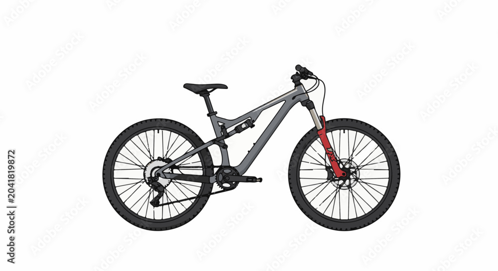 Obraz premium A detailed illustration of a grey full-suspension mountain bike with red front fork