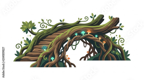Enchanted forest bridge with glowing mushrooms and vines.