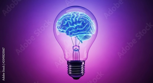A glowing, stylized brain inside a lightbulb, set against a gradient purple backdrop