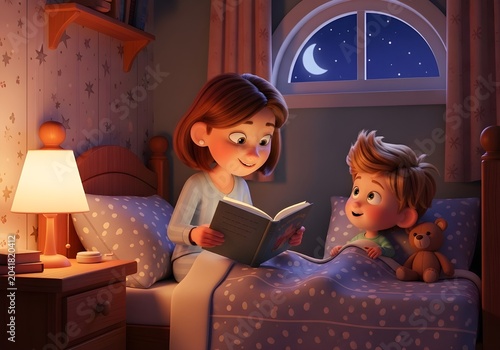 3D cartoon mother reading a fairy tale to her child in bed with a warm night atmosphere.