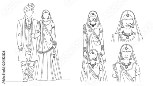 Traditional Indian wedding couple and women in various saree outfits standing