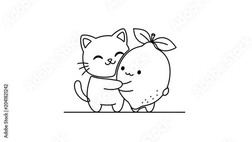 Canvastavla A cute cat hugs a smiling peach with leaves on top.