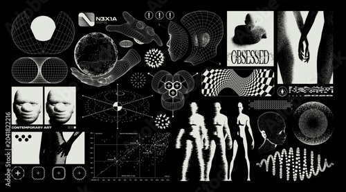 Retro futuristic wireframe graphic elements. Cyber design assets with technical blueprints, geometric constructions, distortion effects, data visualization and grunge digital aesthetics. Vector set