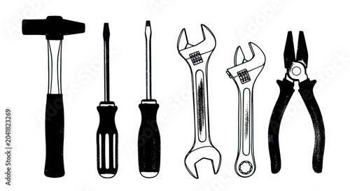 Foto Collection of Hand Tools Including Hammer Screwdrivers Wrenches and Pliers