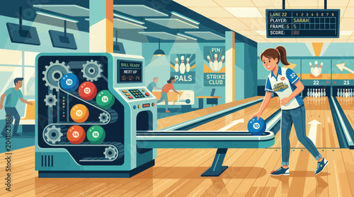 Bild auf Leinwand Woman bowling, ball return machine, bowling alley interior, leisure activity