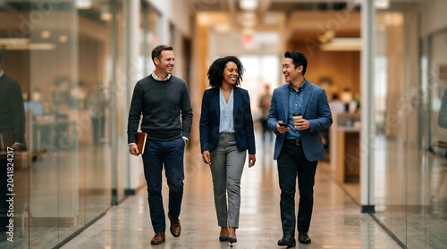 Three professionals walk down a modern office corridor. They smile and talk, showing teamwork and confidence. Glass walls reflect their motion, adding depth to the scene