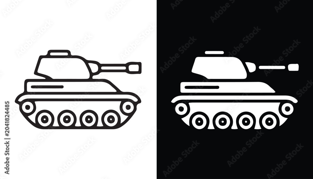 Fototapeta premium Tank Iconography: A graphic representation of a military tank, presented in both a black outline on a white background and a white silhouette on a black background, highlighting its distinctive form.