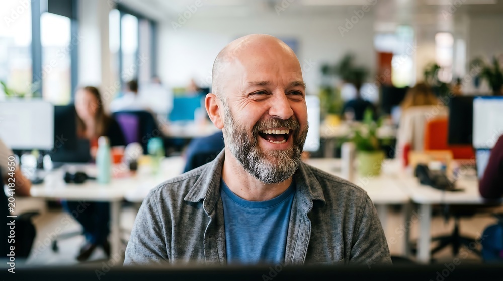 Obraz premium Man laughs joyfully in modern office setting. Colleagues work behind him, blurred and active. Warm lighting highlights his genuine, relaxed expression. Perfect for business, team