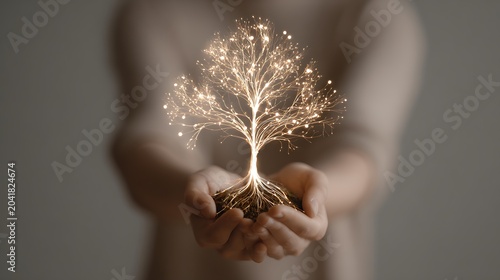 Glowing digital light tree with roots in hands of blurred person abstract sustainability and technology concept.