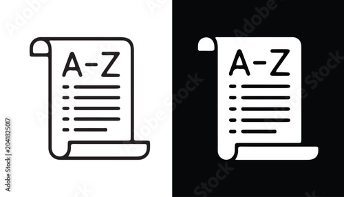 Billede på lærred Alphabetical List Scroll: A stylized illustration shows a scroll of paper with an alphabetical list from A to Z, presented in both black and white variations