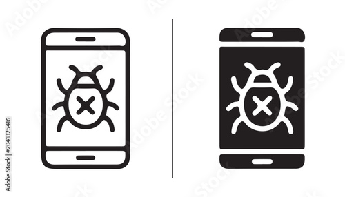 Schilderij op canvas Smartphone Virus Icon: A clear and concise icon representing a virus or bug within a smartphone interface, shown in both outline and solid black styles, ideal for digital security and tech contexts