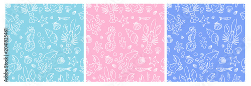 Seamless children sea animals pattern set with octopus, lobster and shells in white line art. 